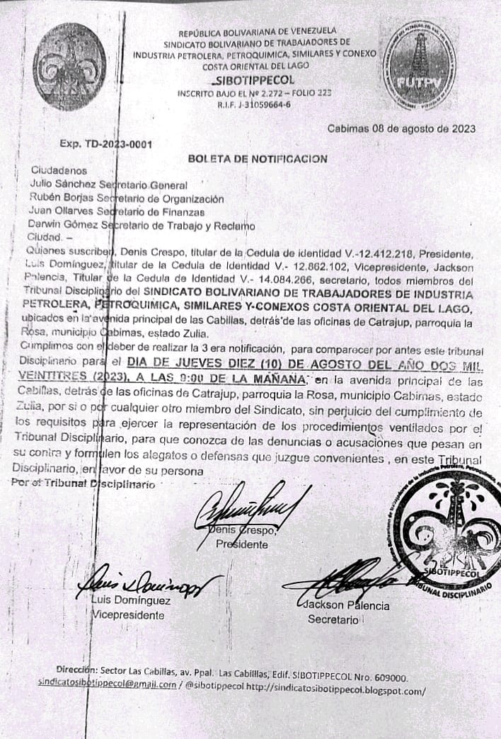 Boleta de Notificación: SIBOTIPPECOL