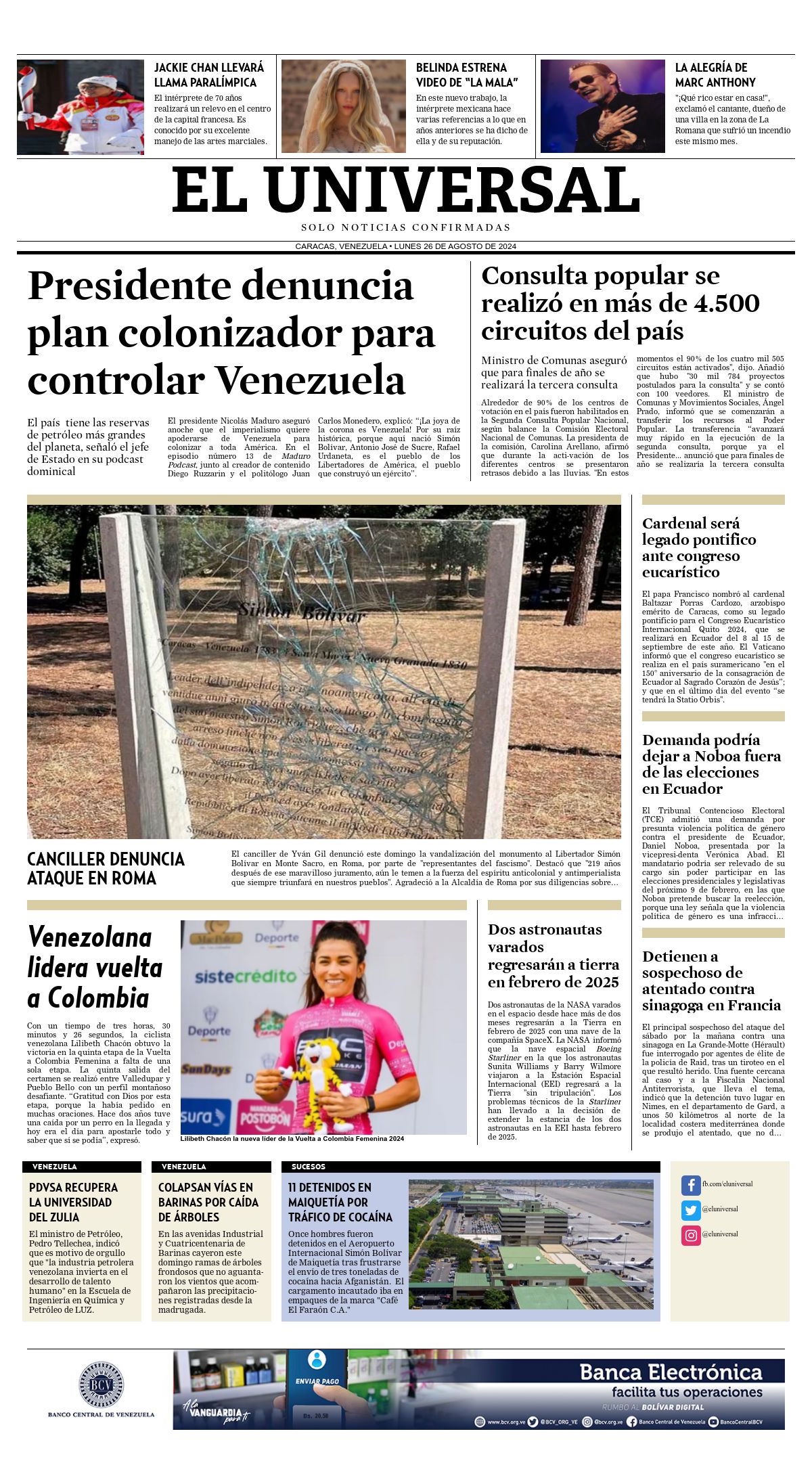 Titulares de la prensa nacional para este 26 de agosto