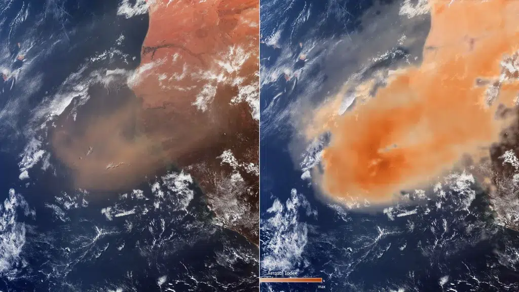 Así se ve desde el espacio la nube de polvo del Sahara que cubrirá a Venezuela durante toda la semana