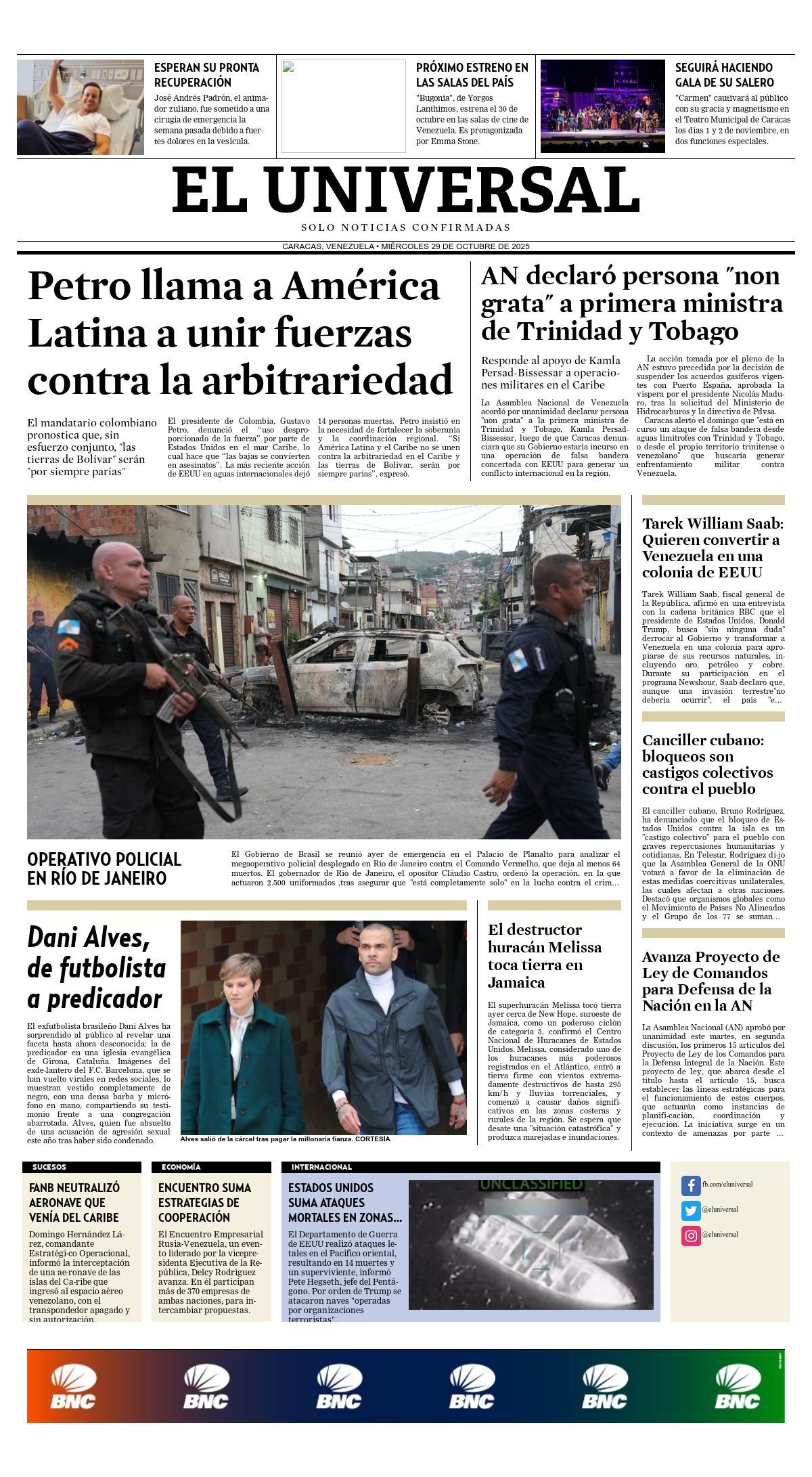 Titulares de la prensa nacional para este miércoles 29 de octubre