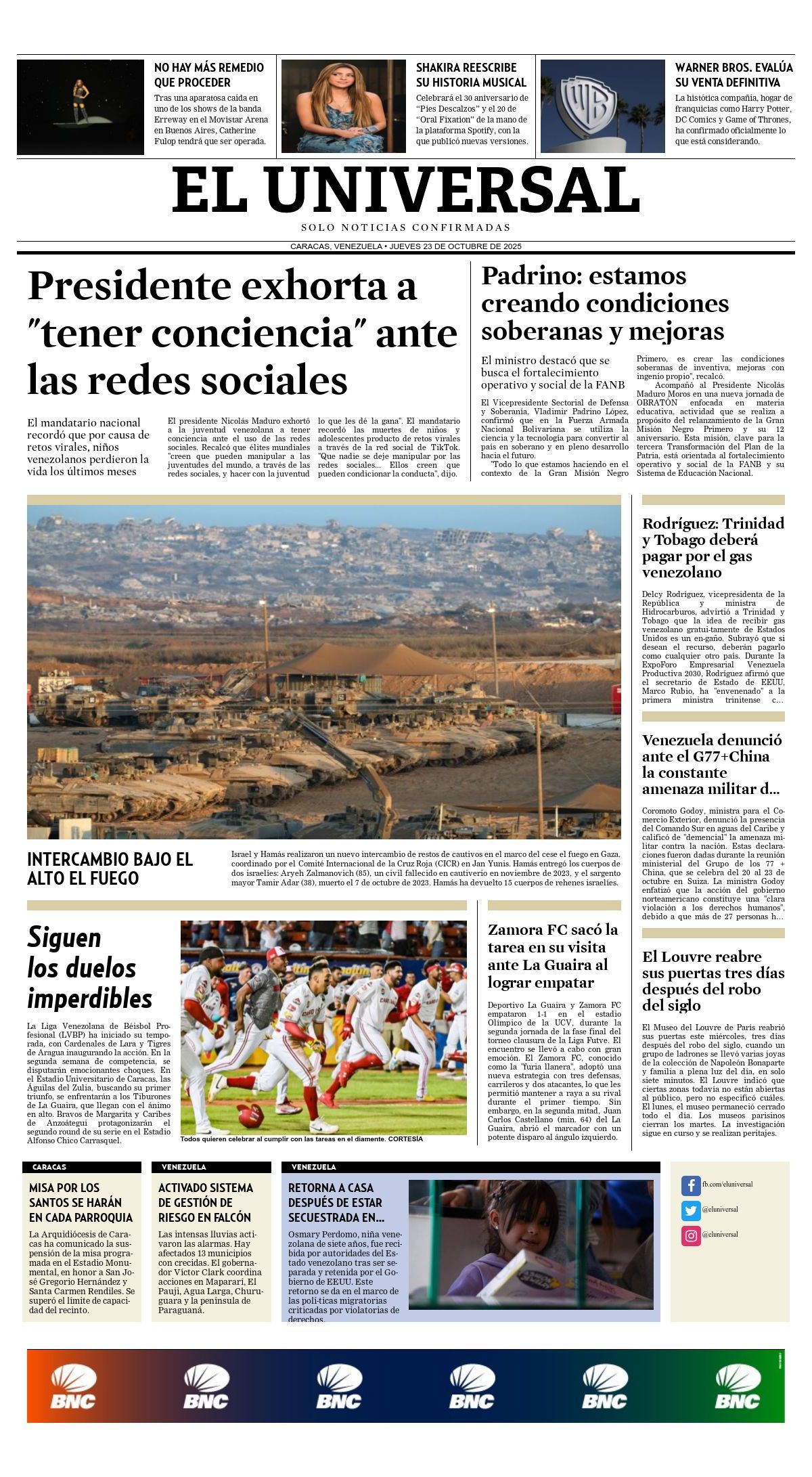 Titulares de la prensa nacional para este jueves 23 de octubre