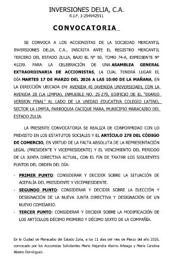 Convocatoria: Inversiones Delia, C.A.